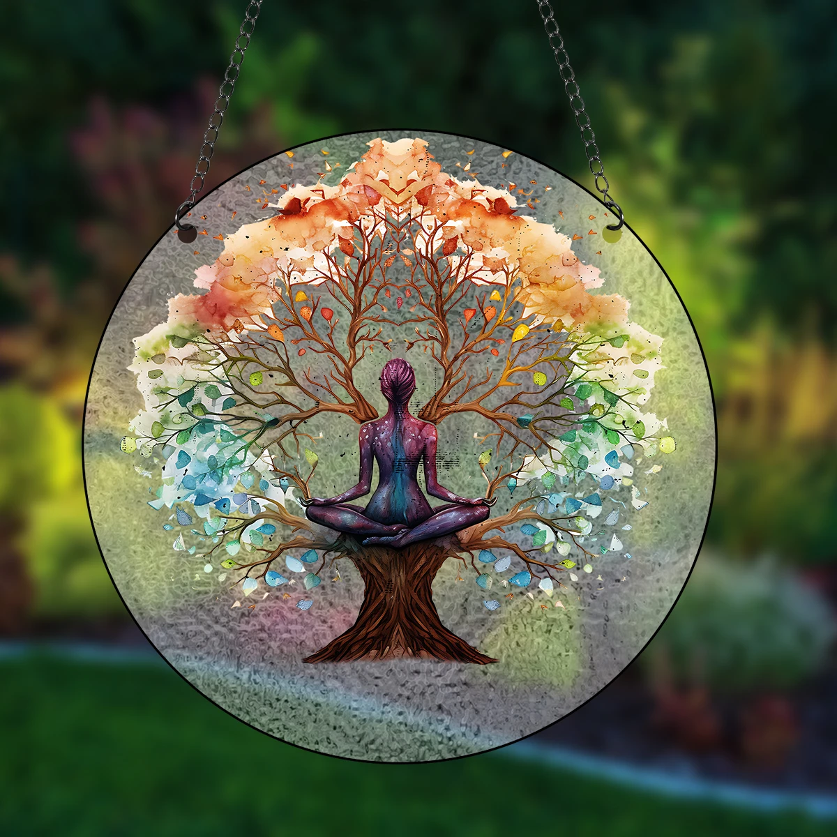 Window Wall Hanging Ornament Glass Panel Decor Glass Pattern Yoga Tree of Life Stained Suncatcher Four Seasons Theme window hangings