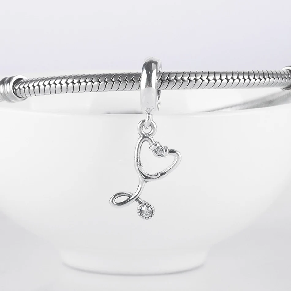 

S925 Sterling Silver Stethoscope Heart Dangle Bead for Women Bracelet Bangle Girl Birthday Gift DIY Jewelry