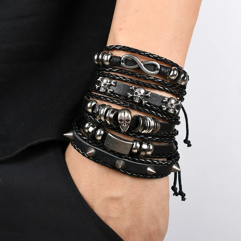 Men Fashion Multi-layer Viking Woven Skull Hand Adjustable Leather Bracelet Set Gifts