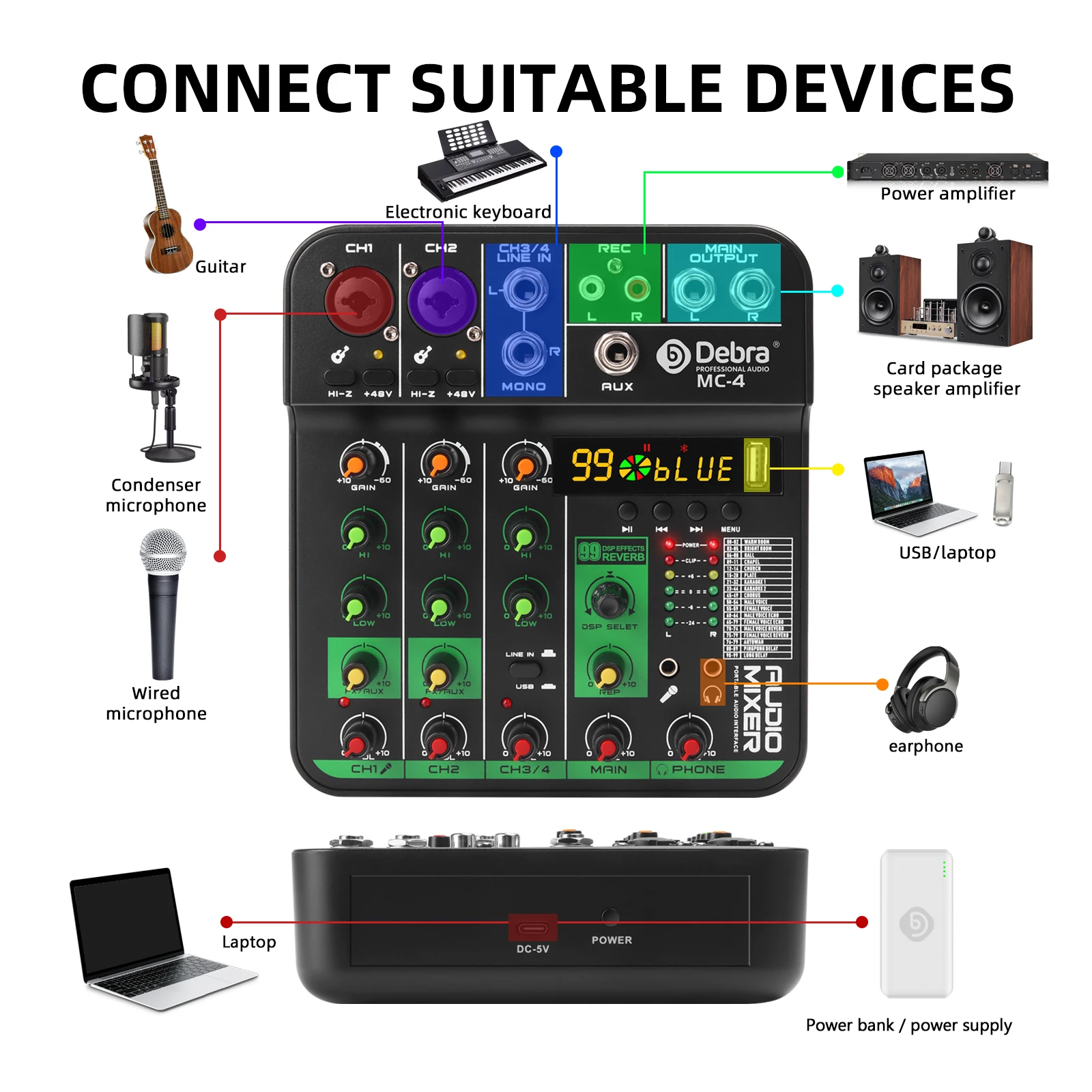 Debra MC-4 4 Channel Audio Mixer Bluetooth 5.0 99 DSP Reverb for Live Streaming