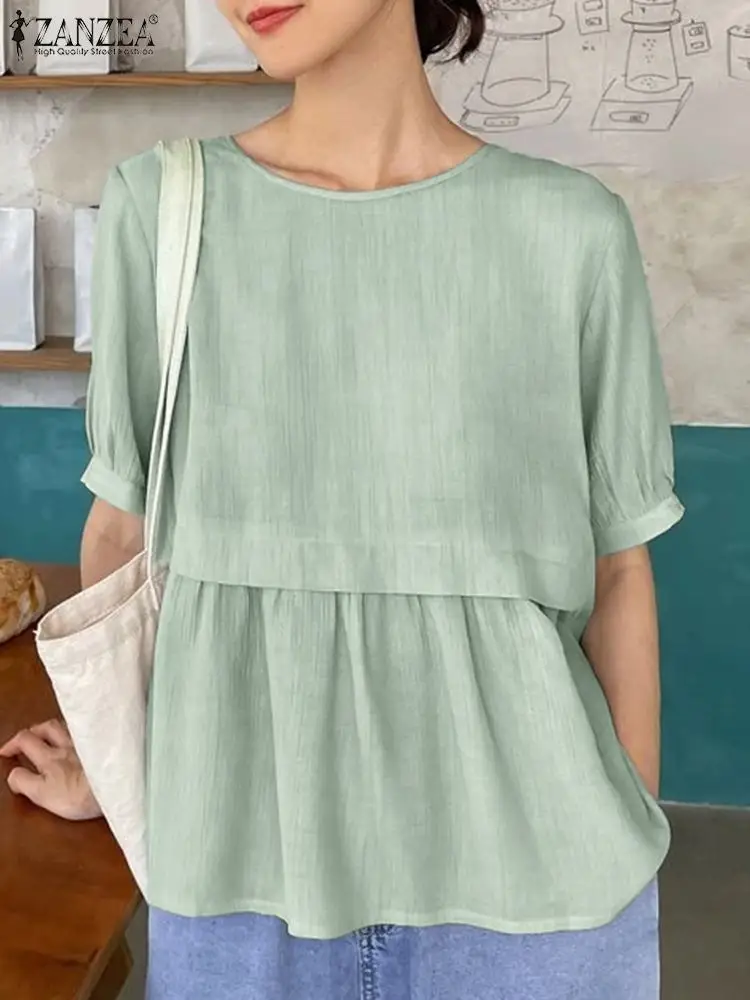 

ZANZEA 2024 Summer Fashion Pleated Peplum Tops Women Short Sleeve Blouse Holiday Round Neck Blusas Casual Loose A Line Shirt