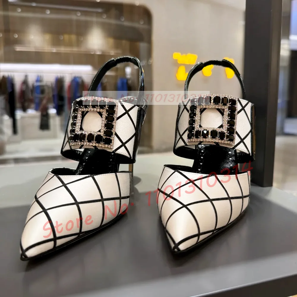 Women Slingback Sandals Black-white Plaid Luxury Pointy Stiletto High Heels Satin Shoes Summer Buckle Evening Sandals