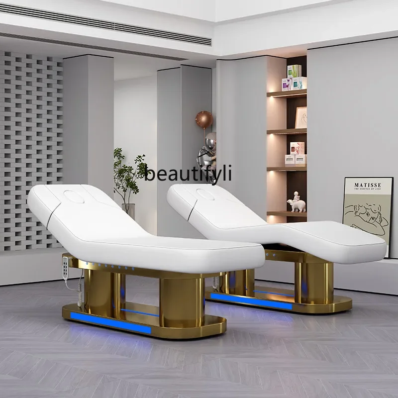 Electric Lift Beauty Care Bed Beauty Salon Led Stainless Steel Gold Plated Massage Couch Tattoo