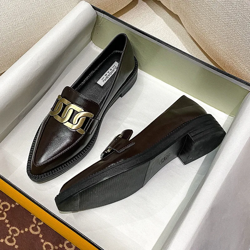 

British Metal Chain Leather Shoes For Women Loafers Oxfords Sneakers Derbies Shallow Pointed Toe Thick Heels Ladies Casual Shoes