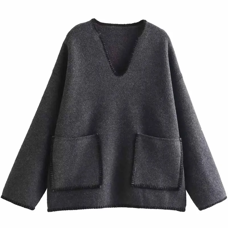 

TRAF V-Neck Knit Short Sweaters Cashmere Sweater Women V-Neck Pullover Long Sleeve Top Women's Fashion Sweaters