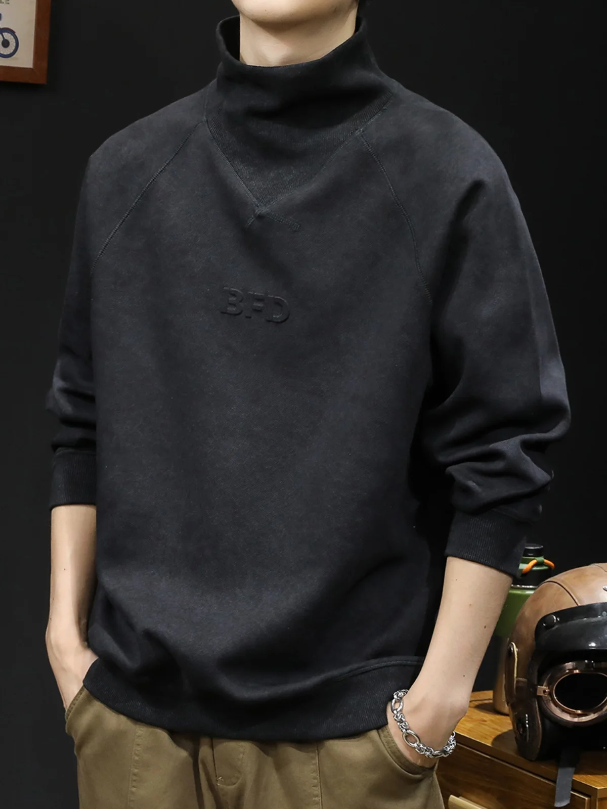 Pullover Sweater Half Turtleneck Men's Letter Printing Fashionable Fleece-Lined Warm Autumn and Winter Casual Versatile Tie-Dyed
