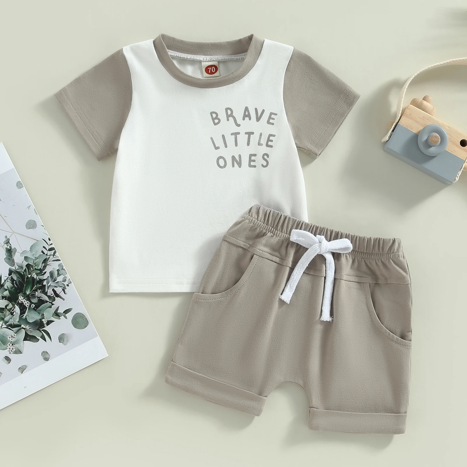 

Toddler Boys Summer Outfit Sets Short Sleeve Contrast Color Tops + Solid Color Drawstring Shorts
