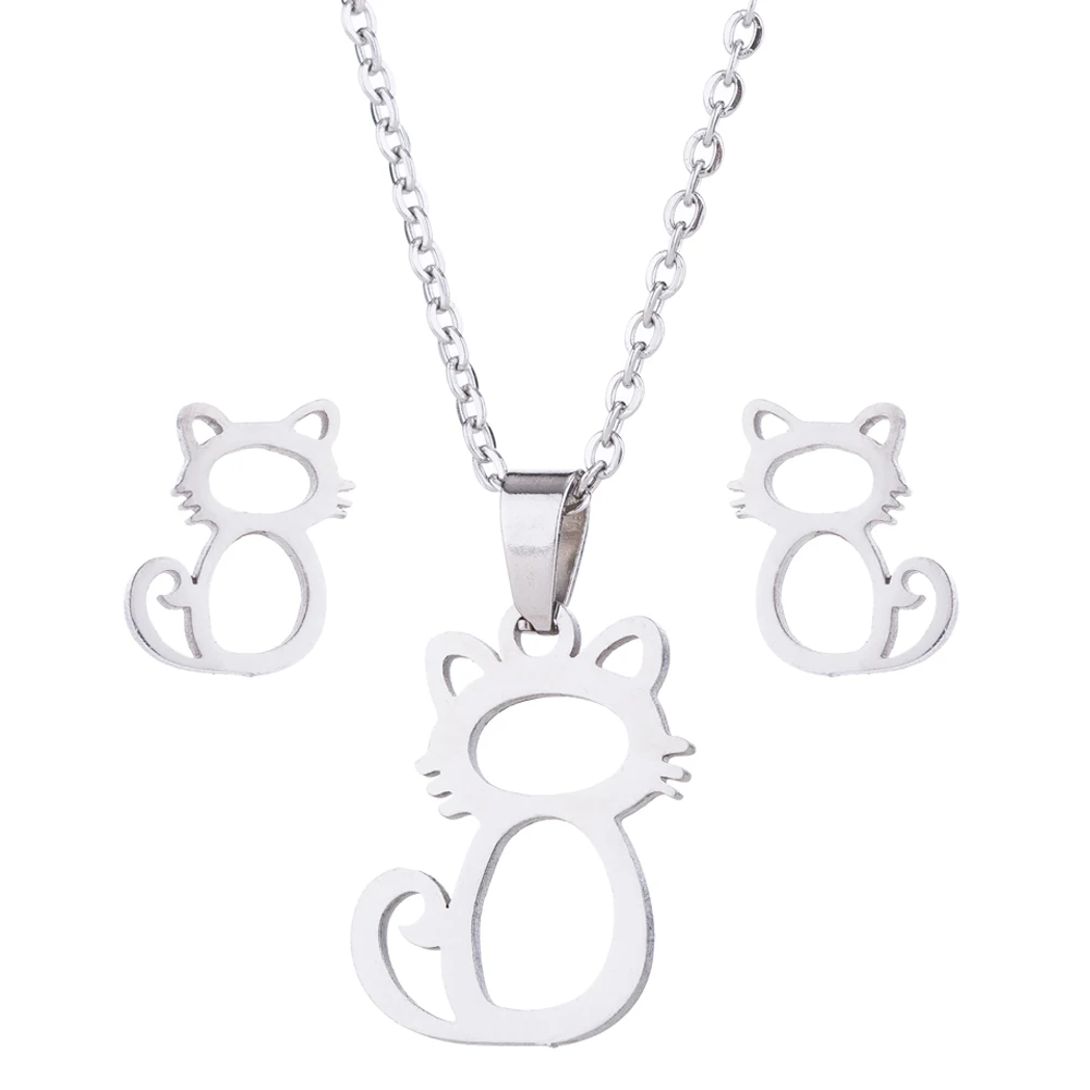 Cute Simple Hollow Out Little Cat Stainless Steel Earring Pendant Necklace Set Hypoallergenic - PeticaDeals