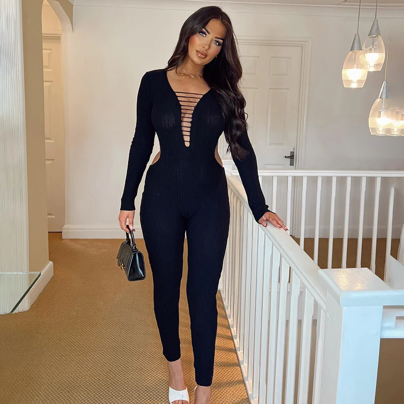 

Zoctuo Women Long Sleeve Bodycon Streetwear Black Jumpsuit One Piece Outfit 2022 Fall Clothing Wholesale Items For Business