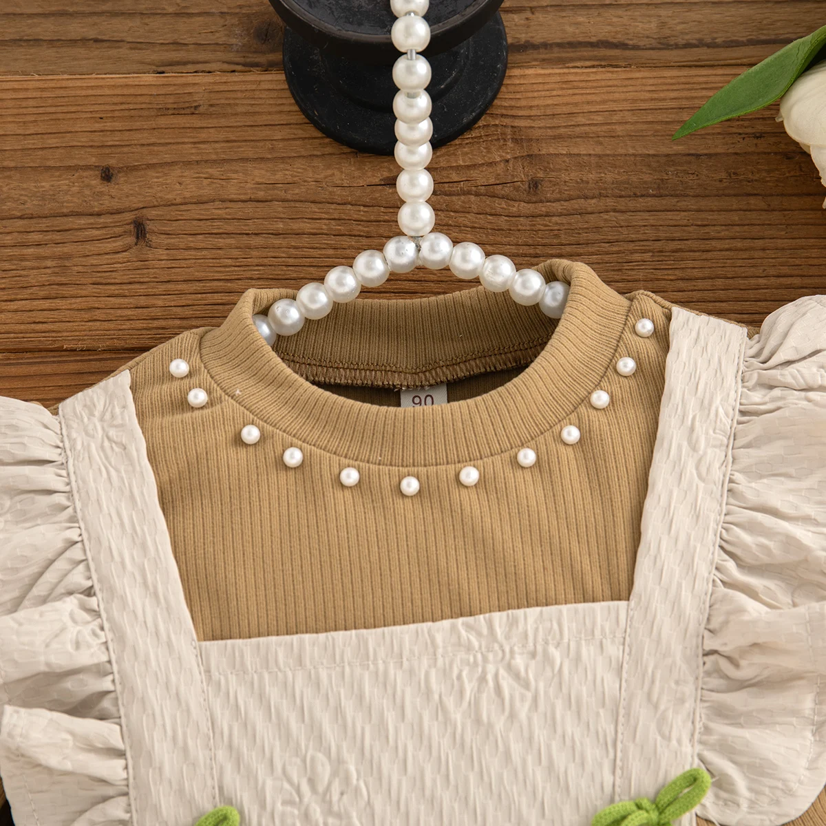 Frühling Herbst Kleinkind Mädchen Kleid Blumendruck Schleife Perle Weiches Strick Langarm Kleid für Kinder Mädchen Geburtstag Party Kostüm – Detail 5