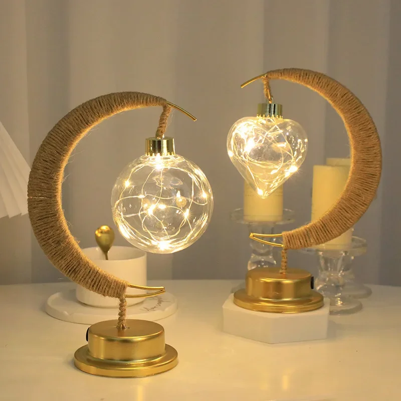 LED plug-in hemp rope mini star light, moon atmosphere light, round ball glowing USB decorative desktop gift, small night light