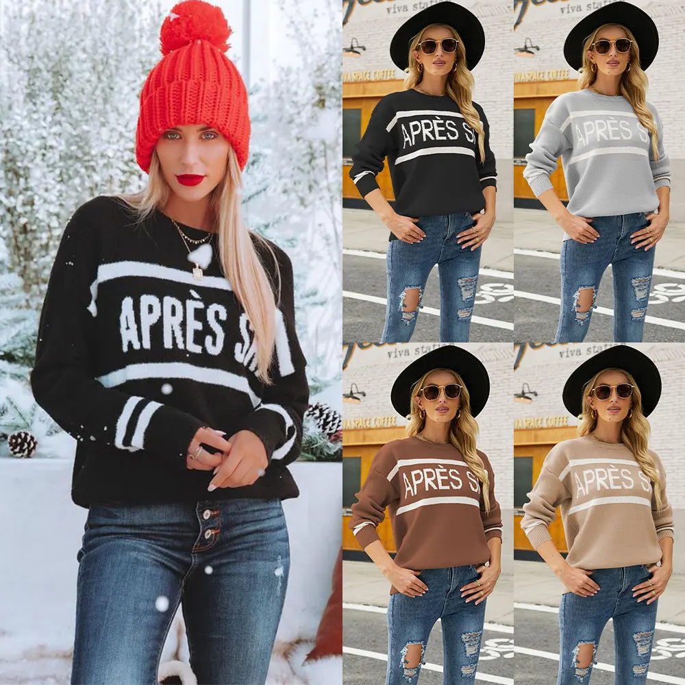 

2024 Autumn/Winter New Temu Round Neck Letter Jacquard Fashion Women's Underlay Knitwear