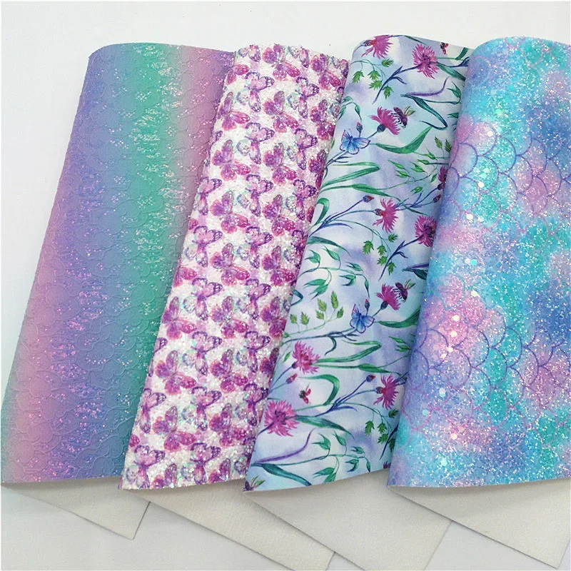 Rainbow Chunky Glitter Leather Mermaid Leopard Printed Synthetic Leather Vinyl Sheets For Bows DIY 21x29CM Q804