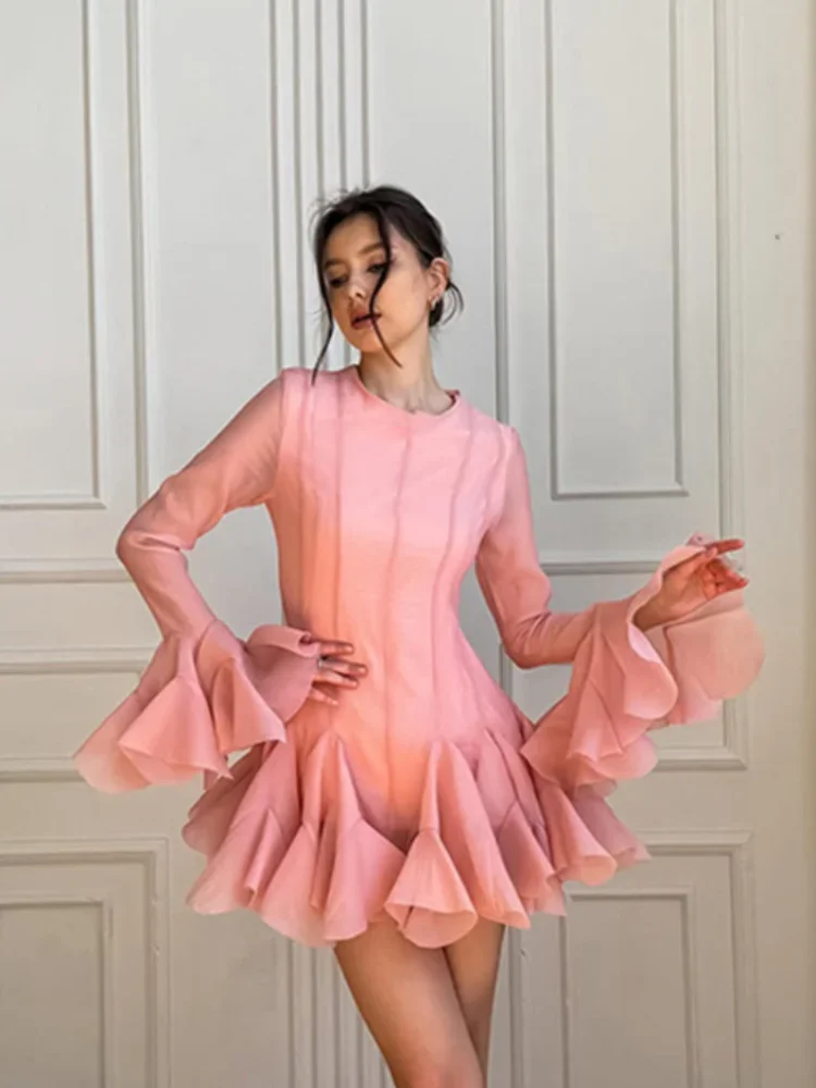 Women's Fall Short Dress – Long Sleeves, Square Neck, Ruffle Hem, Lantern Sleeve Design – Casual Swing Dress For Autumn & Winter - View #7