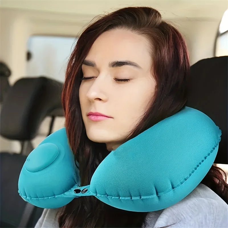 U Shaped Press Inflatable Pillow Soft Portable Travel Neck Pillow For Long Sleeping On Airplane Flight Train Trip Or Office Na inflatable pillow