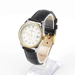 Ladies Watch Rhinestone Black Leather Bracelet Wristwatch Women Fashion Ladies Alloy Calendar Quartz Watches