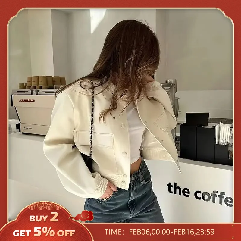Chaquetas Bomber con bolsillos grandes para mujer, abrigo Vintage recortado, manga larga, botón frontal, moda femenina, Primavera
