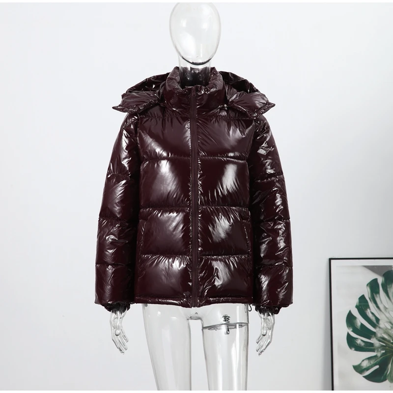 Schicker, glänzender, gepolsterter Mantel mit Kapuze für Damen, lässig, geschwollener Stehkragen, kurze Daunenjacke, Baumwollmäntel, weiblich, 2025, Winter-Straßen-Oberbekleidung – Detail 5