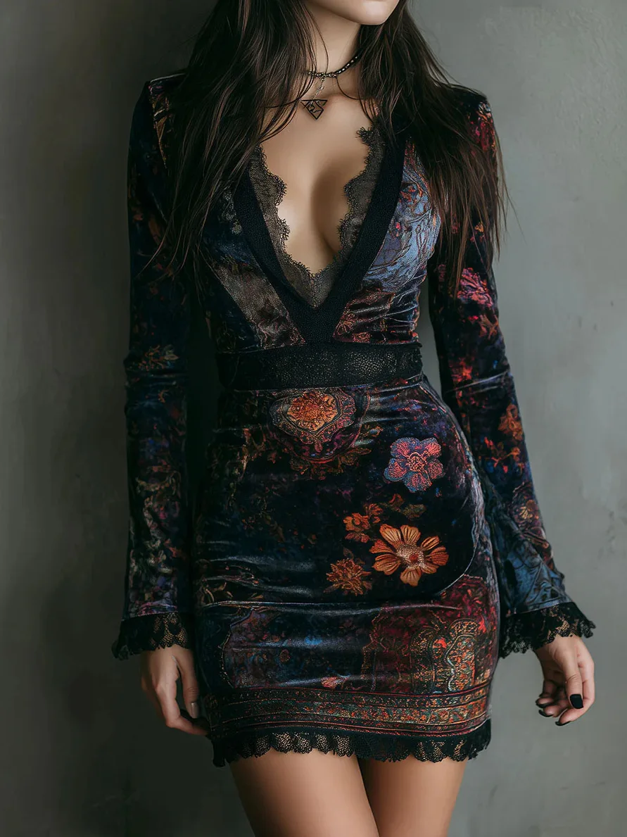 Women's Vintage Floral Print Velvet Mini Dress Elegant Deep V Neck Long  Sleeve Lace Trim Bodycon Dress Fashion Casual Dresses - AliExpress 200000345