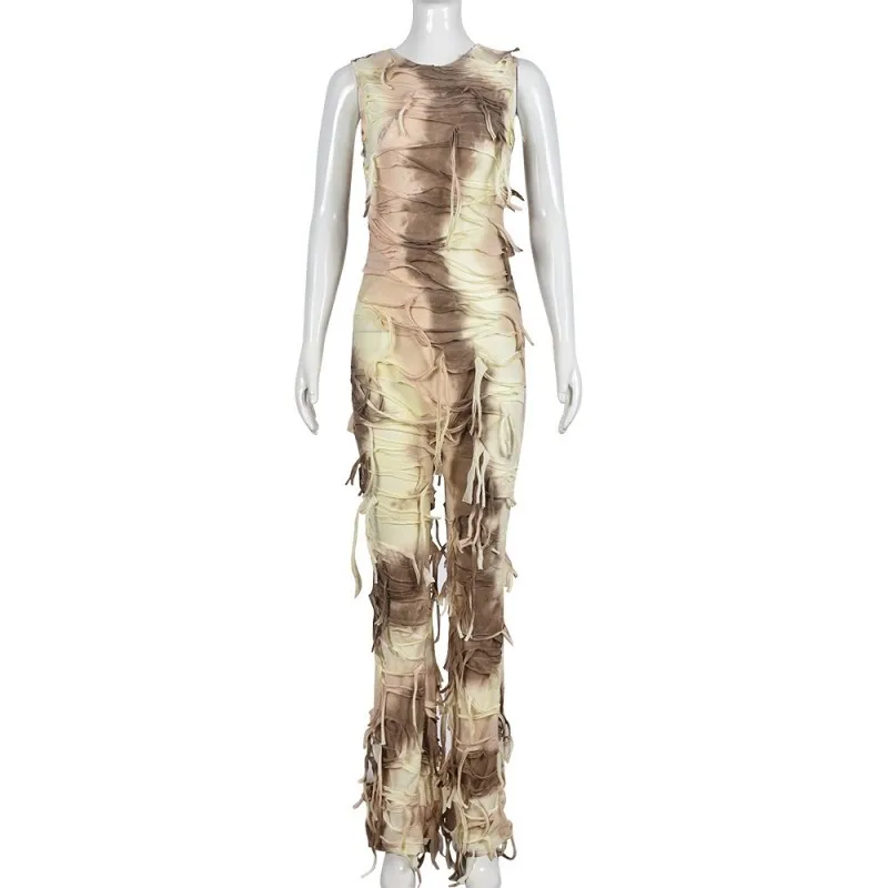 Tie Dye Fringe Jumpsuit Women Y2K Streetwear Bodycon Slim Sleeveless Casual Tassel Knit Overall Fashion 2023 Stretch Romper