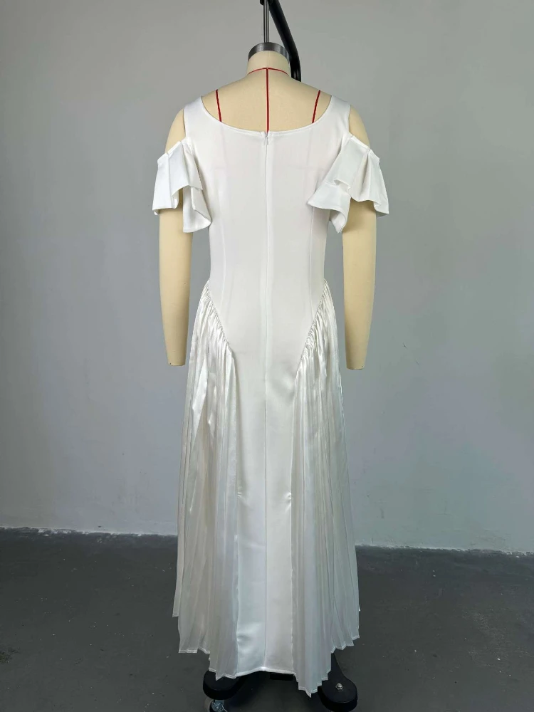 AOMEI Abiti eleganti slim fit da donna senza spalline Abito bianco pieghettato alla caviglia con maniche corte a farfalla e scollo a U - immagine 6