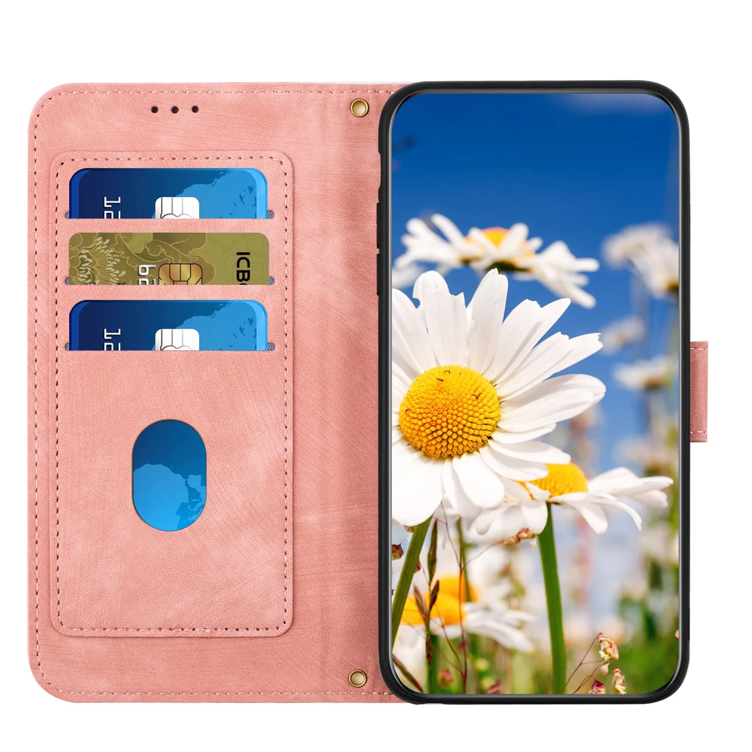 Elegant Flower Pattern Leather Flip Wallet Case with Magnetic Clasp and Wrist Strap