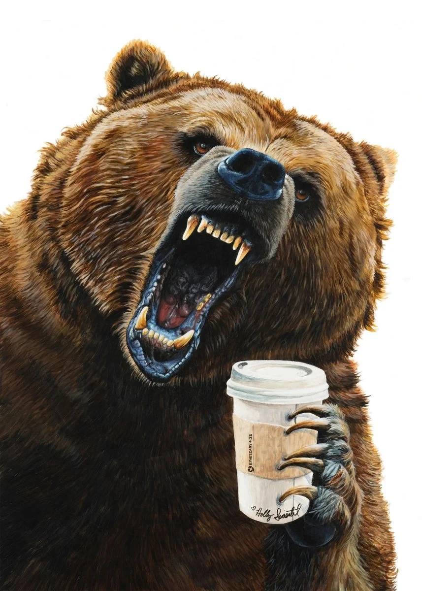thumbnail image 1 of Póster de oso, camello, bisonte, zorro, mapache, animal que sostiene una taza de café, pintura en lienzo, arte de pared moderno, imagen para decoración del hogar y la cocina, 1 of 5