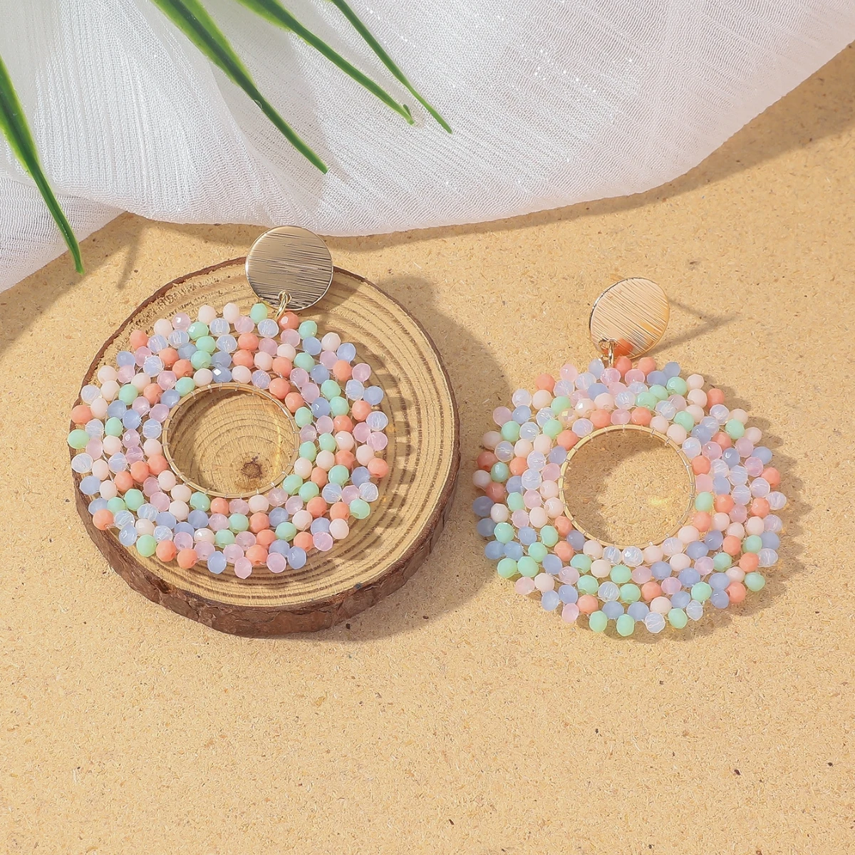 Boho Fashion Round Crystal Beaded Drop Earrings for Women Colorful Elegant Metal Dangle Earrings Handmade Summer Beach Jewelry