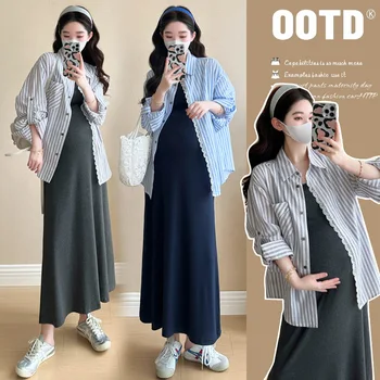 Maternity Suit 2026 Spring Summer Korean Simple Casual Loose Breathable Soft Comfortable Vest Dress Striped Shirt Two Piece Set