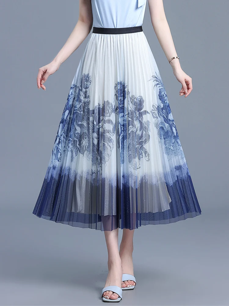 Женская сетчатая юбка ZUZK с принтом, новая летняя юбка из тюля с эластичной талией, облегающая юбка с широкой юбкой, высококачественные феи, Женская юбка