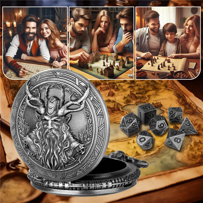 Antikes 7-fach polyedrisches Mini-Würfelset aus Metall mit Taschenuhrengehäuse, Anhängerkette, Gaming-Zubehör für Rollenspiele und Unterhaltung – Detail 3