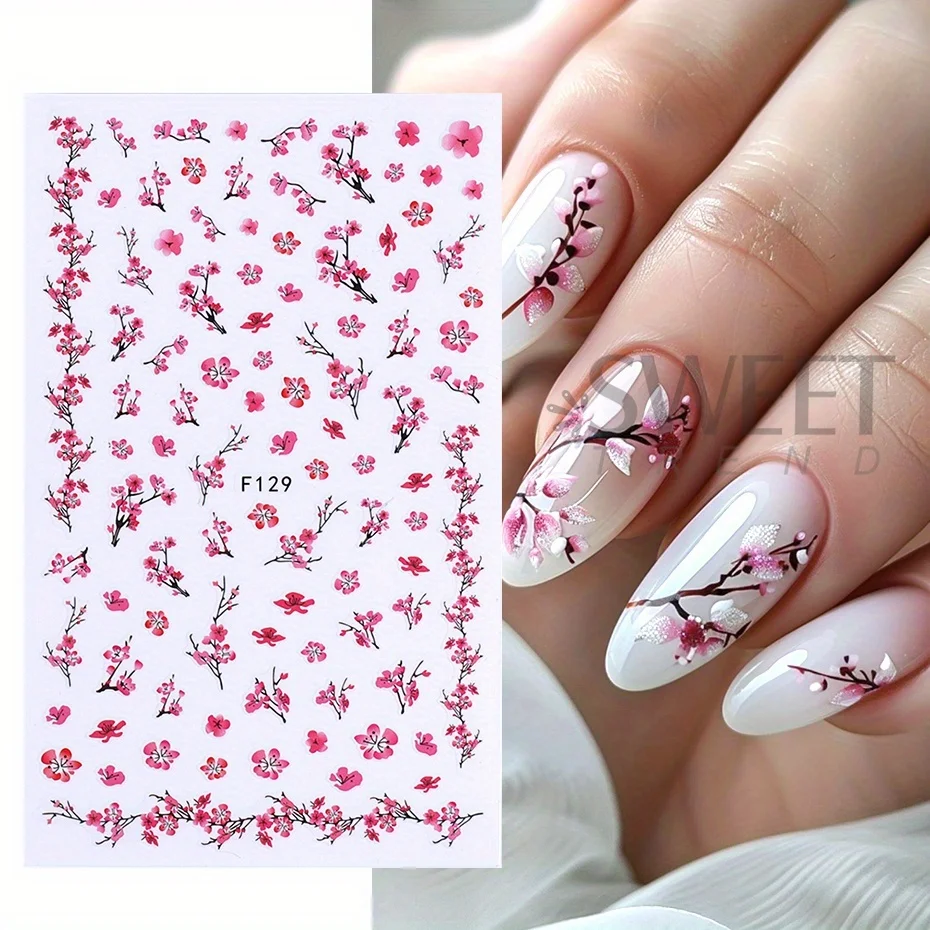7pcs Pink Cherry Blossom Nail Stickers Romantic Sakura Flowers Design Decal Spring Summer Theme Elegant DIY Charm Manicure Foils