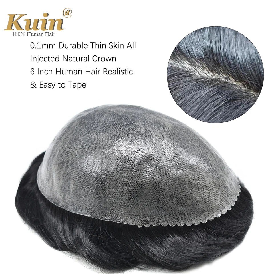 Injection Skin Toupee 0.12mm Durable Full Pu Wig For Men Natural Male Hair Prosthesis Human Hair System Capillary Man Wig human hair toupee
