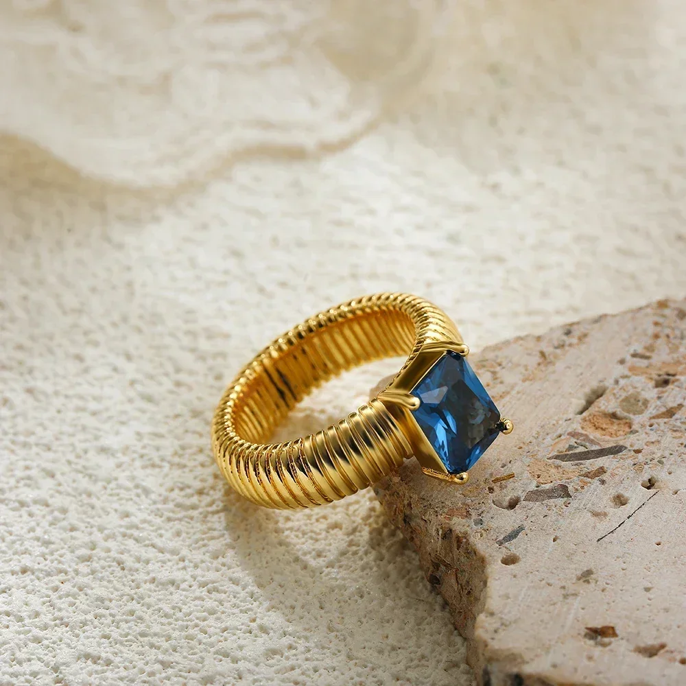 Hiphop Rock Texture Chunky Rings Stainless Steel Waterproof Multicolour Square Crystal Zircon Wedding Ring Femal Retro Jewelry