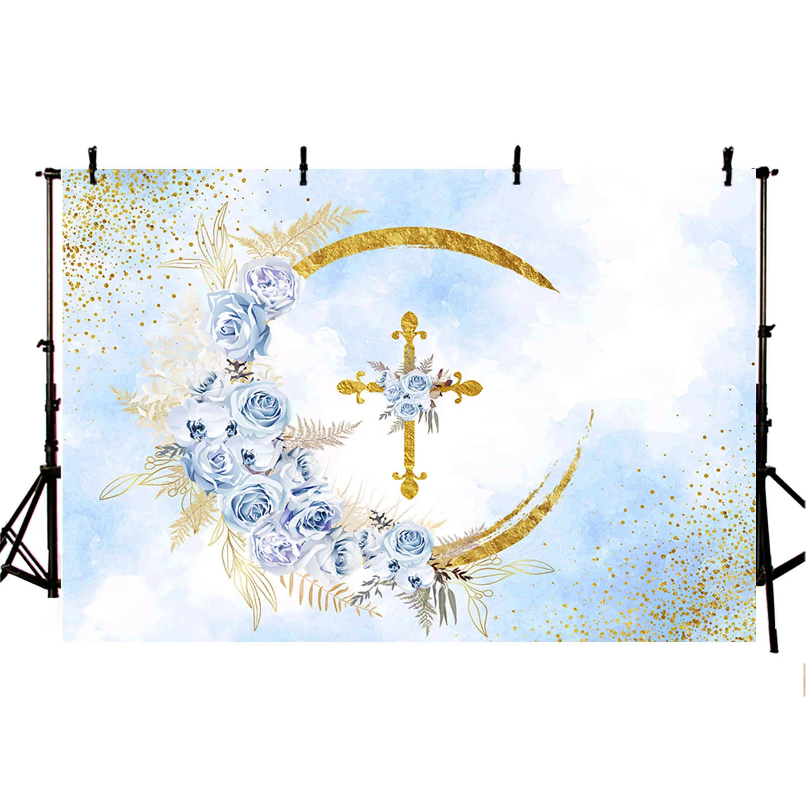Runder Fotohintergrund 2,2 M – Mit 'God Bless', Rosa Blumen, Gold & Glitzer, Für Taufe, Babyparty, Deko