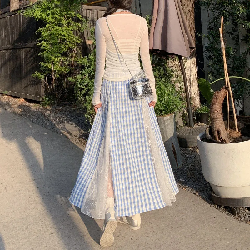 Fashion Lace Patchwork Long Skirt Women Vintage Streetwear