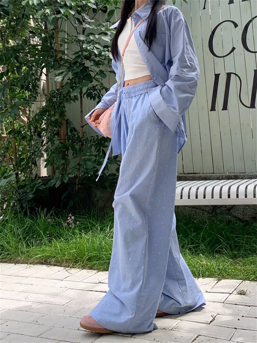 

Женский Повседневный костюм Alien Kitty, голубой костюм с длинным рукавом, универсальная летняя рабочая одежда, шикарные рубашки, прямые брюки с широкими штанинами, 2024