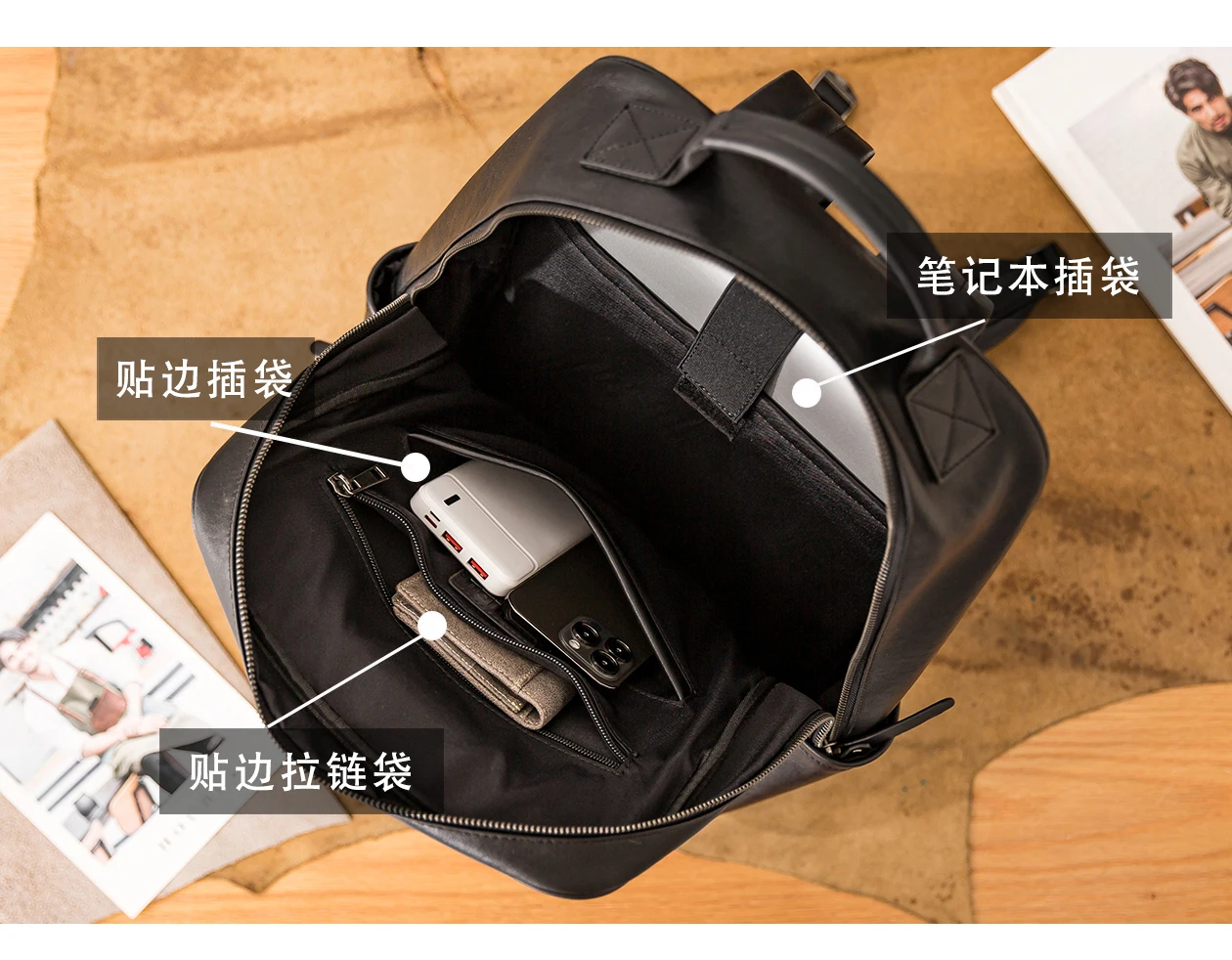 PNDME Outdoor-Reise-Luxus-Laptop-Rucksack aus echtem Leder für Herren, schlicht, lässig, Designer, handgefertigt, Rindsleder, schwarze Büchertasche – Detail 3