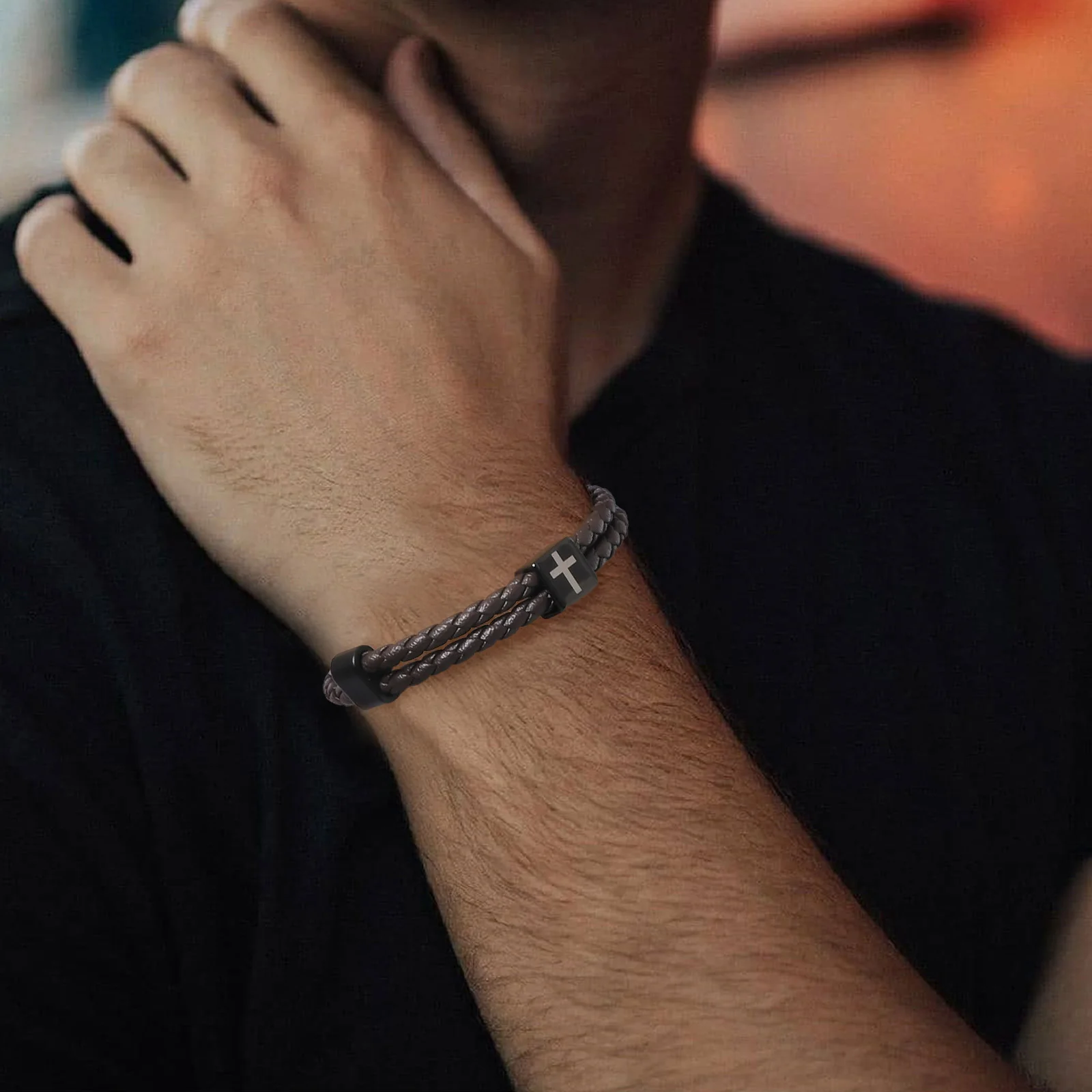 MPMicrofiberLeatherBraceletforMenBoysBlackAdjustableCross