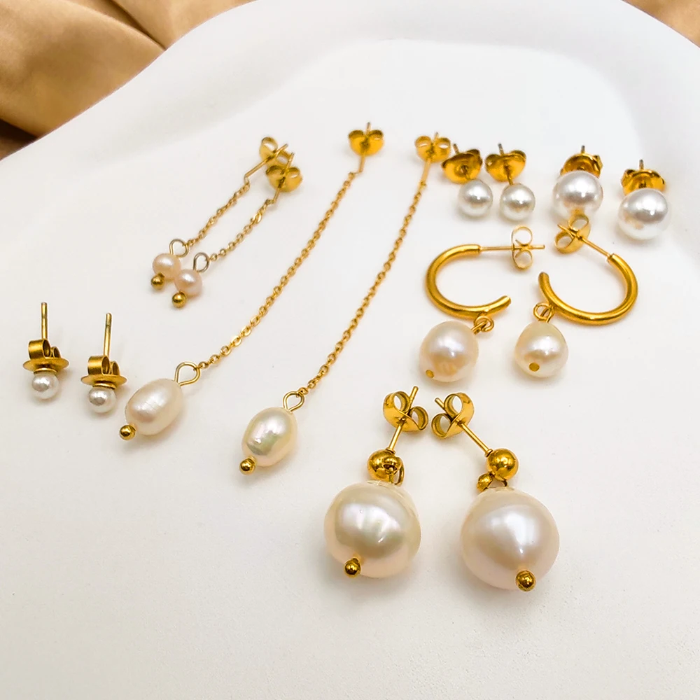 Freshwater Pearl Drop Earrings Stainless Steel Women's Jewelry Set-drop earrings pearl earrings