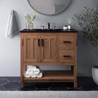 Mid-Century Modern Mindi Wood Bathroom Vanity Cabinet Storage Drawers Open Shelf Not Included Walnut Organic Elegant Towel 1