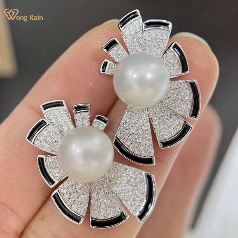 Wong Rain Elegant 925 Sterling Silver 9-10MM Natural Pearl High Carbon Diamond Gems Ear Studs Earrings Customized Fine Jewelry