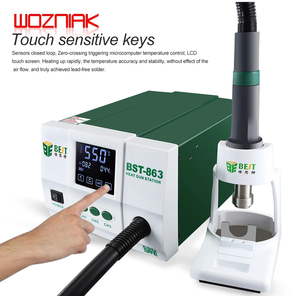 Original BST-863 Lead-free Hot Air Rework Station Soldering Touch Screen LCD 1200W 220V For Phone CPU PCB Windmill Stand 2