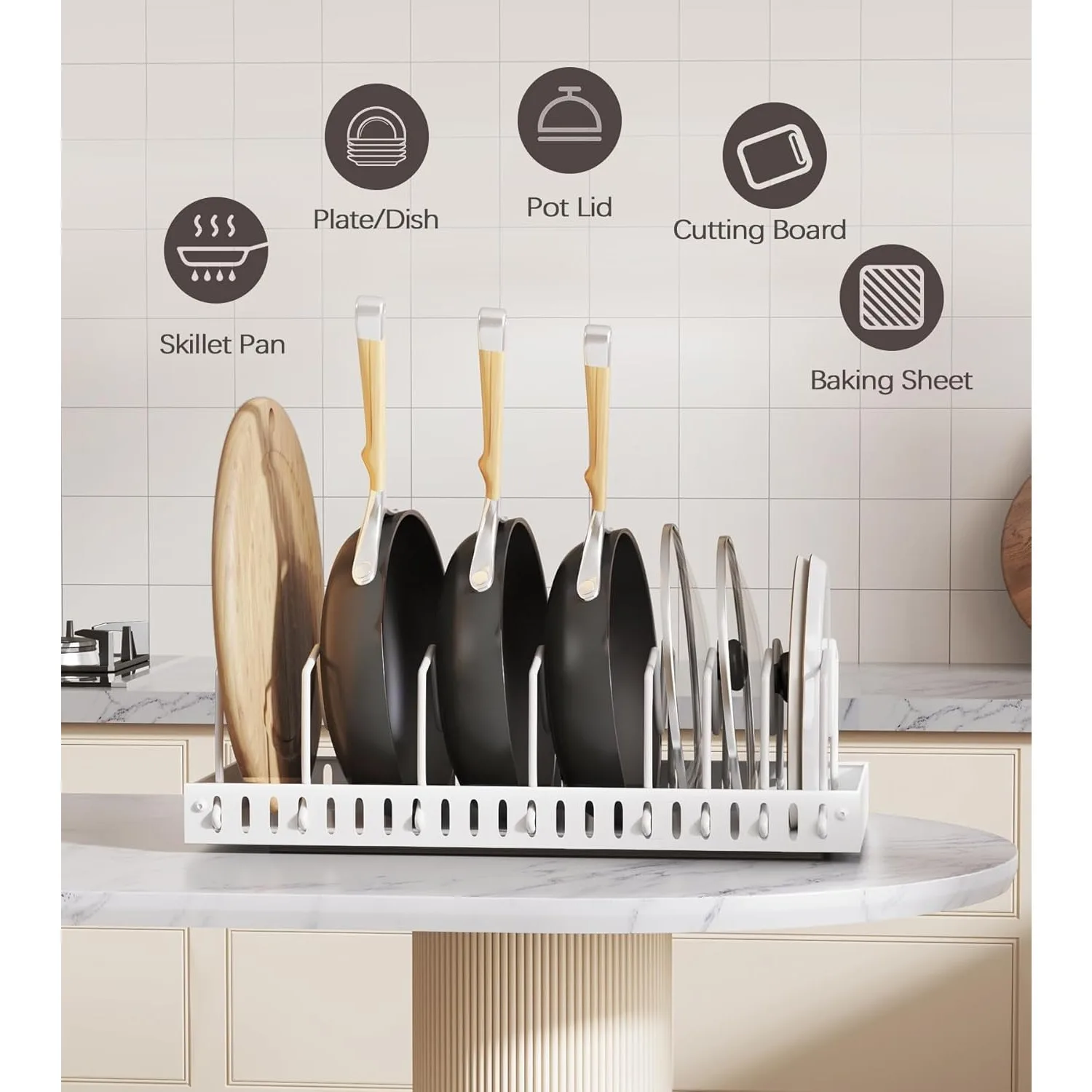 Pull Out Pots and Pans Organizer Under Cabinet, Sliding Lid Holder and Pan Rack in Kitchen, Slide Out inside Cabinet Storage