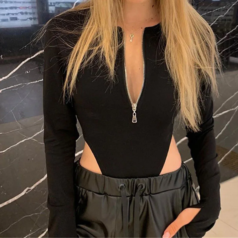 

Women's new solid color long-sleeved zipper round collar high fork jumpsuit