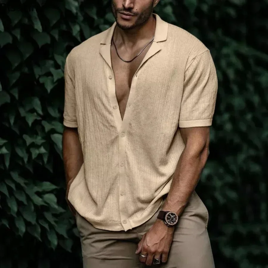 Men's Summer Casual Short Sleeve Shirts Turn-down Collar Buttoned Solid Shirts Men Clothes Loose Tops Male Fashion Shirt
