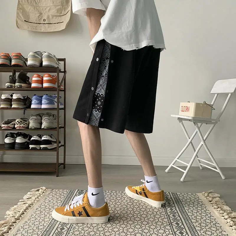 2023 Summer New Straight Loose Fashion Paisley Spliced Button High Street Trend Korean Version Sports Hong Kong Breeze Shorts
