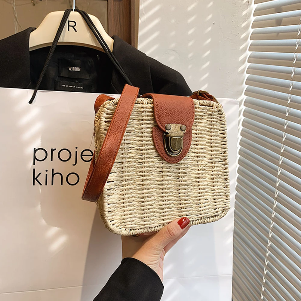 Women Crossbody Bags Fashion Woven Ladies Handbags Casual Holiday Simple Handmade Adjustable Straps Rattan Beach Bag