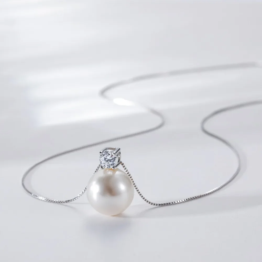Trumium 10/12mm 925 Sterling Silver Pearl Pendant Necklace for Women Dainty CZ Chain Cultured Pearls Choker Necklaces Jewelry 2