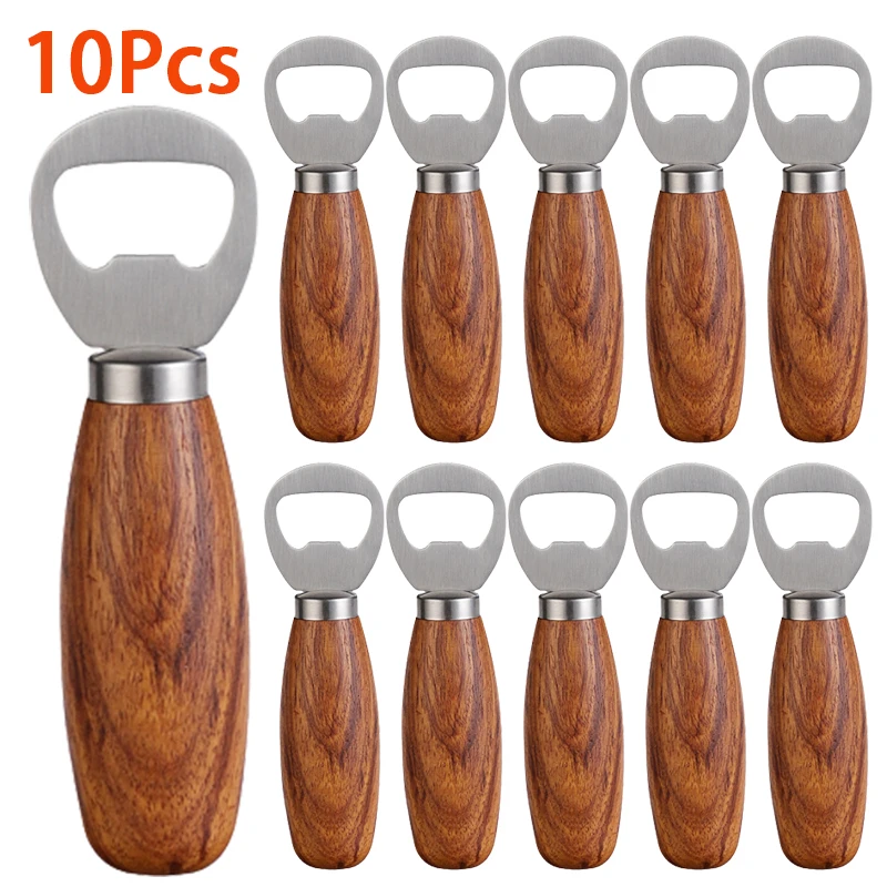 

10Pcs Stainless Steel Beer Bottle Opener with Wooden Handle Handheld Corkscrew Wine Cans Cap Openers Durable Bar Kitchen Tools